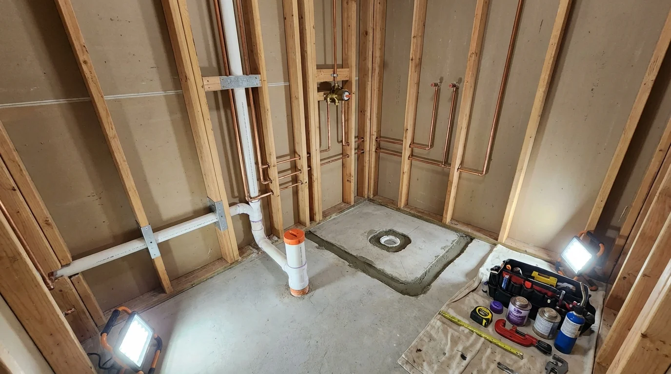 Bathroom rough-in plumbing during remodel by Johns Plumbing LLC in Dillsburg