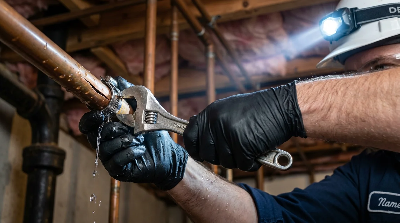 Emergency pipe clamp repair being performed by a Johns Plumbing LLC plumber in Dillsburg