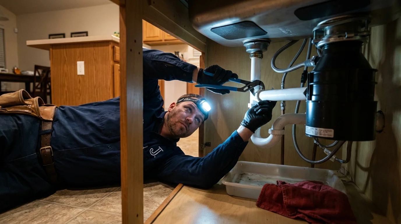 P-trap and supply line connections under a kitchen sink showing a common leak point in Dillsburg, PA